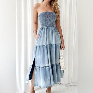 RISEN Smocked Tube Slit Tiered Elegant Blue Jean Strapless Midi Dress
